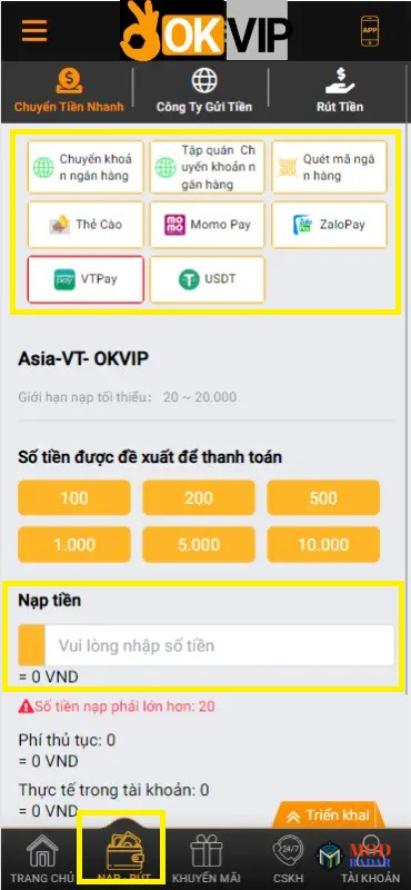 Hướng dẫn nạp tiền tại OkVip