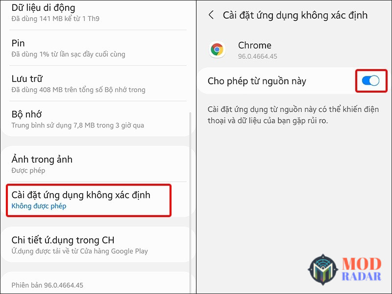 Cho phép cài đặt ứng dụng từ nguồn không xác định