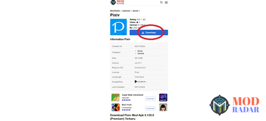 Silakan kamu tekan download Pixiv Mod di Modradar