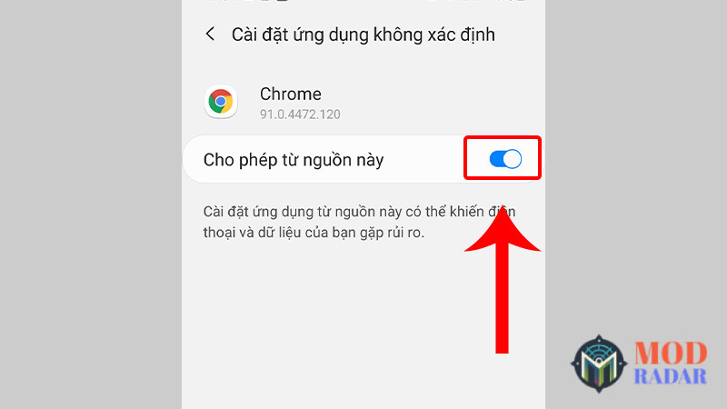 Bật cài đặt cho phép ứng dụng không rõ nguồn gốc