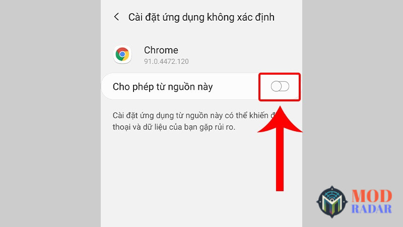 Bật cho phép ứng dụng không rõ nguồn gốc