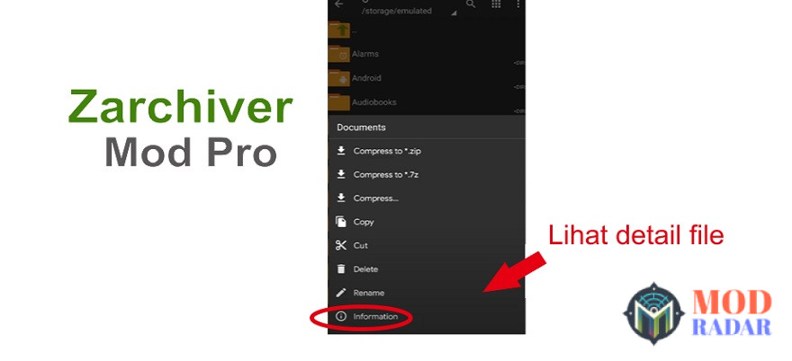 Tap Information di ZArchiver Apk untuk lihat info lengkap file