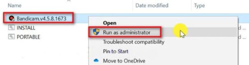 Chạy file Bandicam Full Crack cài đặt dưới quyền quản trị viên
