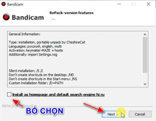 Bỏ chọn Cài đặt làm trang chủ khi cài Bandicam Full Crack