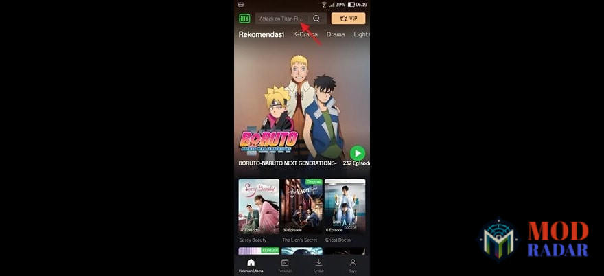 Cari di kotak pencarian konten yang akan di download di IQIYI Mod Apk