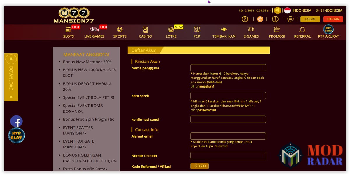 Cara buat akun di situs MANSION77