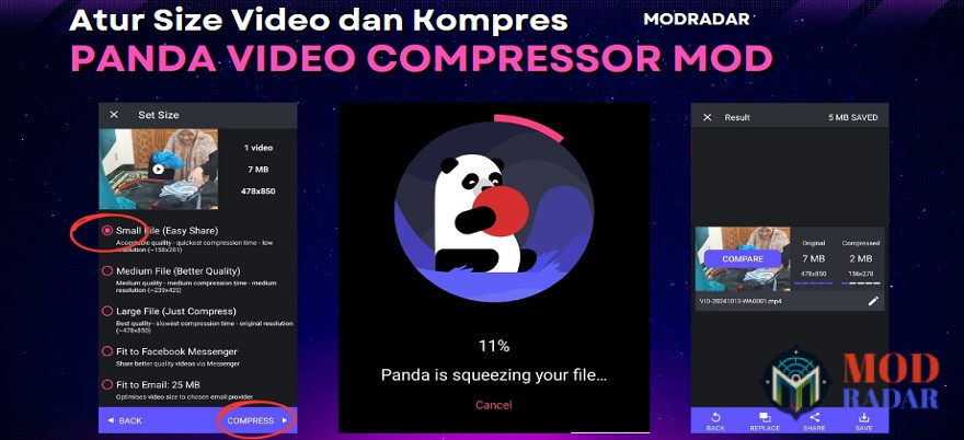 Pilih ukuran video kompres di Panda Video Compressor Mod 