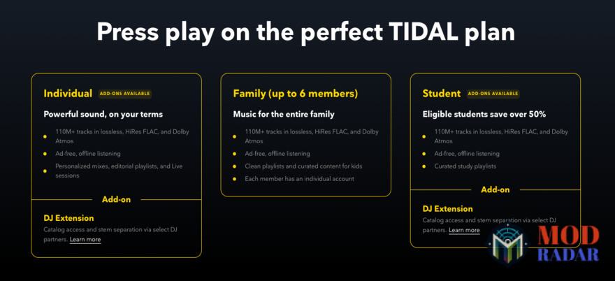 Pilihan paket berlangganan di Tidal Apk