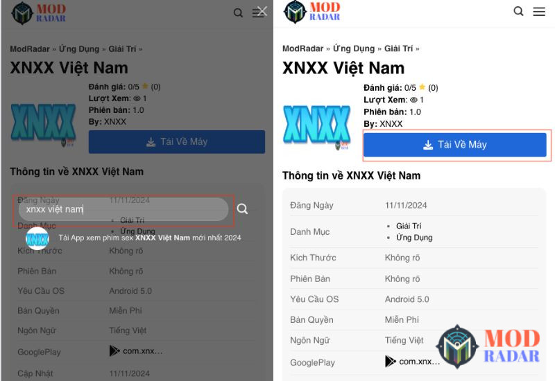 Tìm kiếm và tải xuống ứng dụng XNXX Việt Nam