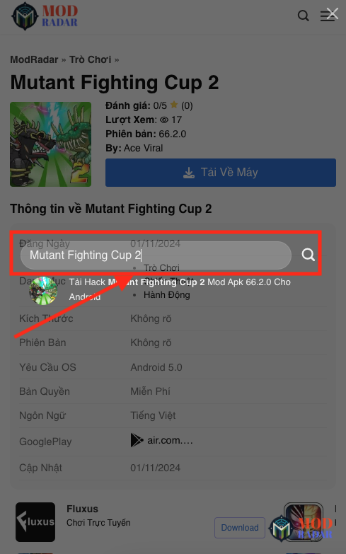 Truy cập trang web Modradar để tải xuống Mutant Fighting Cup 2