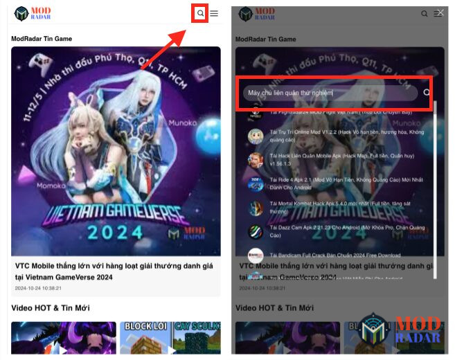Truy cập tranh web ModRadar và nhập từ khóa Máy Chủ Liên Quân Thử Nghiệm