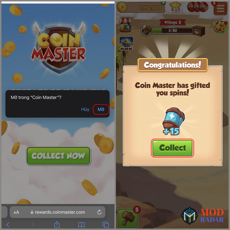 Nhấn Collect để nhanh chóng sở hữu Spin Coin Master