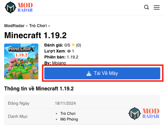 Nhấn nút "Tải Về Máy" để tải Minecraft 1-19-2