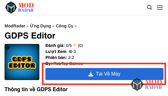 Nhấn nút Tải Về Máy để tải xuống file apk của phiên bản hack GDPS Editor 2.2