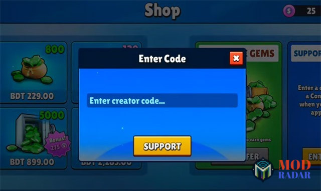 Nhập mã code Stumble Guys vào ô sau đó nhấn "Support"