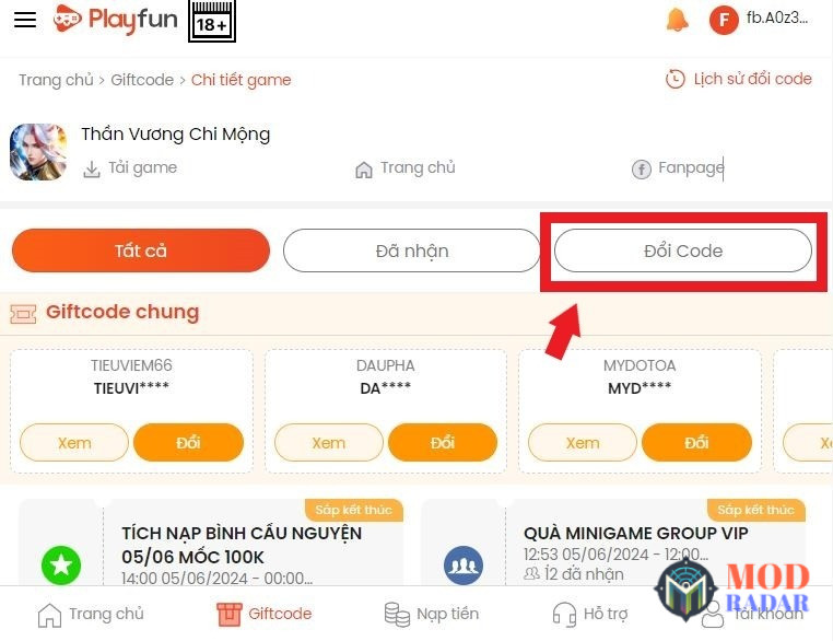 Đổi quà bằng code Thần Vương Chi Mộng trong danh sách trên