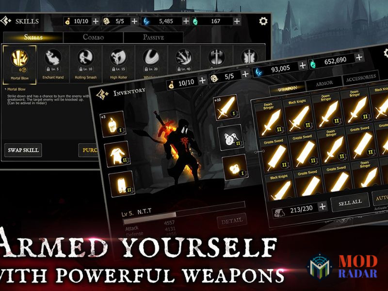 Hệ thống vũ kh&iacute; v&agrave; kỹ năng đa dạng trong Shadow Of Death Hack