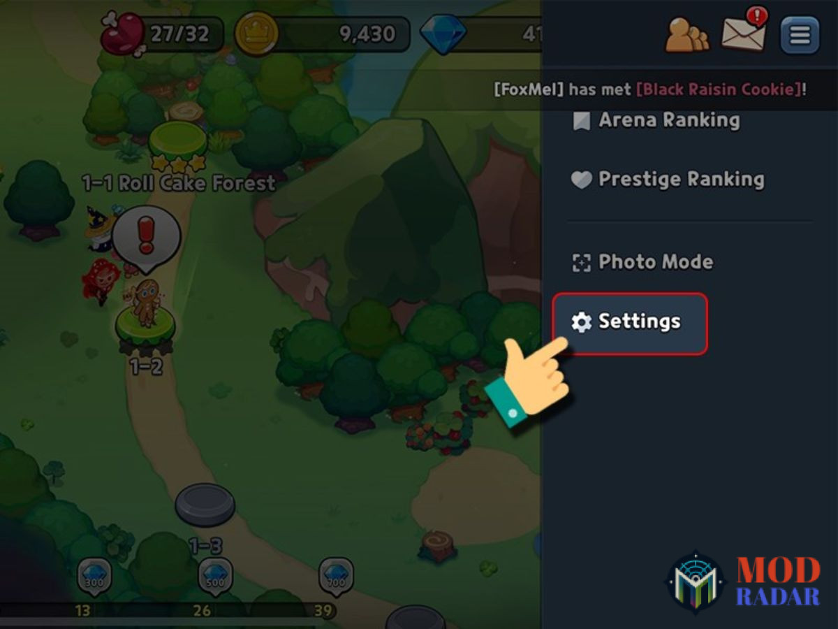 Mở cài đặt (Settings) trong game Cookie Run Kingdom