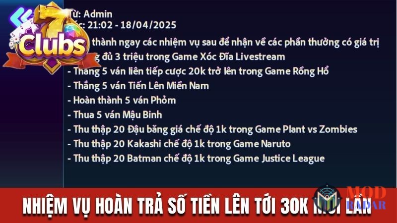 Nhiem vu hoan tra so tien len toi 30K moi lan Khuyến Mãi Game Bài 7Club Không Nên Bỏ Lỡ - Vào Nhận Ngay Nhiệm vụ hoàn trả số tiền lên tới 30K mỗi lần